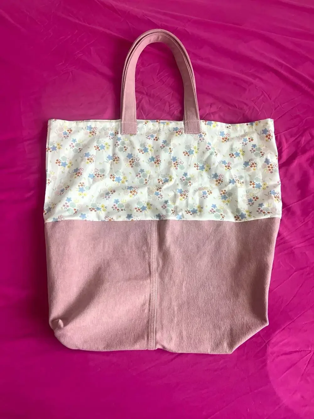 Handmade Cottagecore Pink Canvas and Floral Print Tote Bag